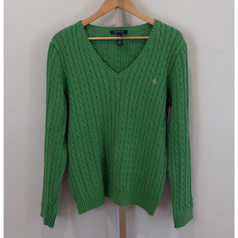 Vtg Lauren Ralph Lauren 100% Cotton Cable Knit Sweater Womens Sz XL Green Logo